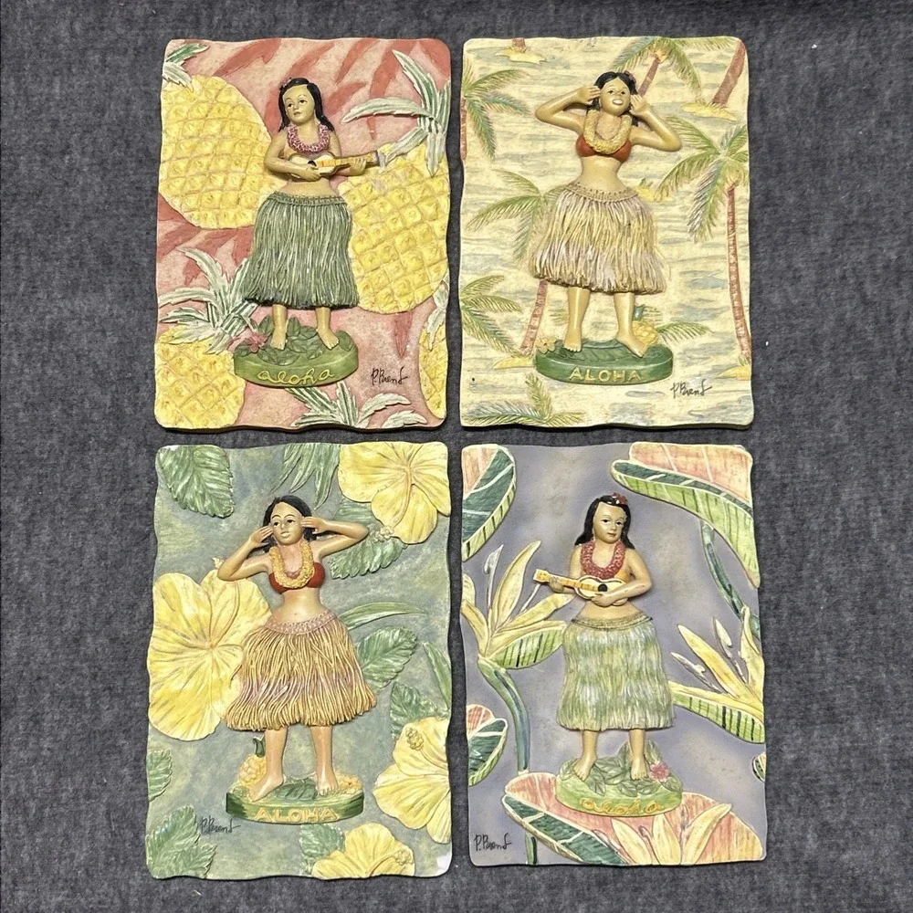 4 Vtg ALOHA Wall Plaque 3D Hula Woman & Ukulele‎ Hawaii 4.5